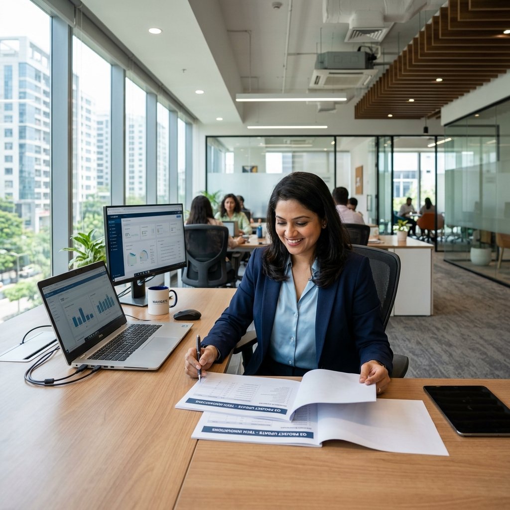 Indian Businesswoman Working on Government Scheme Project Report
